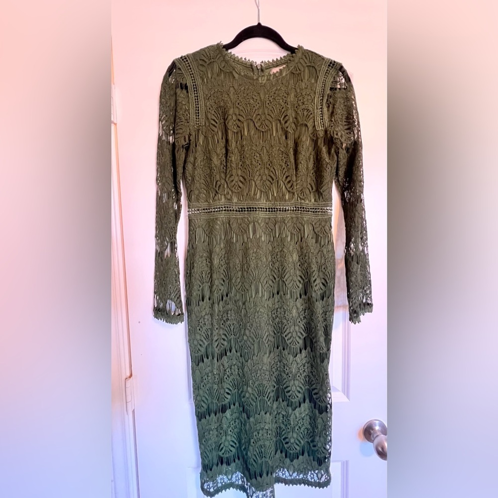 Elegant Olive Green Dress - Threaded & Lined - Size M